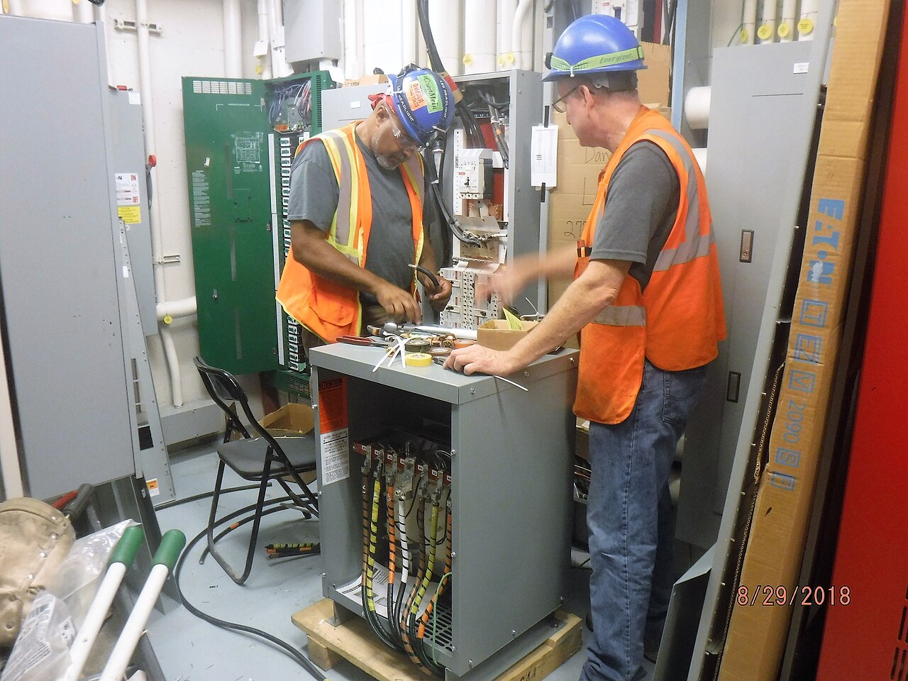 Transformer installation in a utility electrical room.