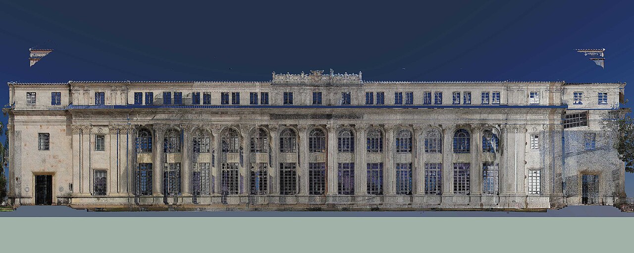 Eine 3D-Punktwolke eines Gebäudes, die Art messbarer Szene, die in den Browser gestreamt wird.