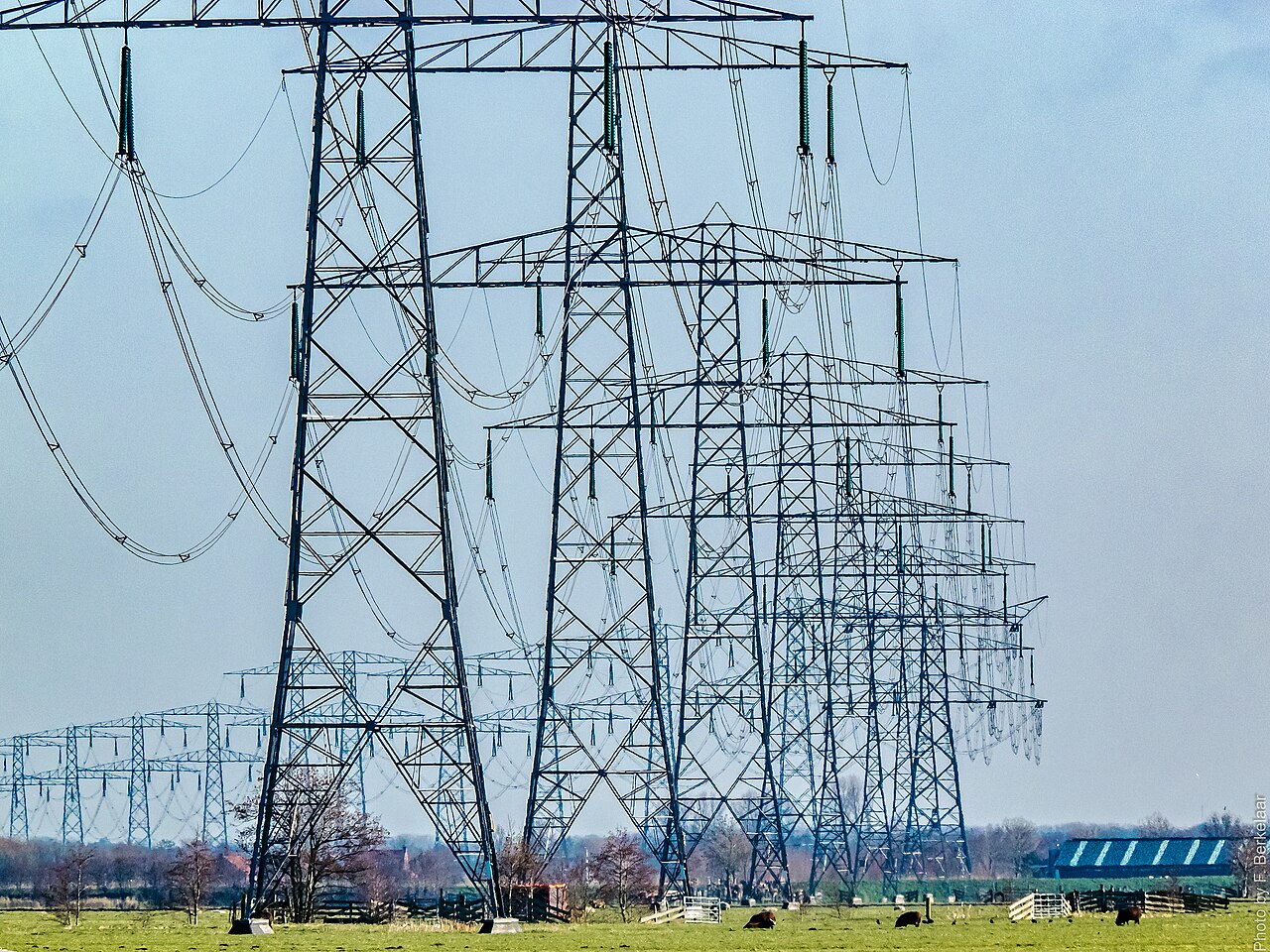 High-voltage transmission towers across open land